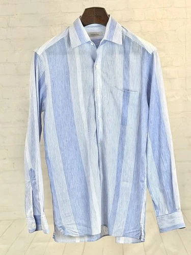 Ermenegildo Zegna Mens Blue Striped Cotton Dress Shirt Medium 15.5-16 36/37 $897
