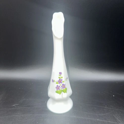 Vintage Fenton Hand Painted Violets in the Snow Milk Glass Bud Vase 8" Signed