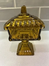 Vintage Jeanette Amber Glass Square Pedestal 6” Candy Dish with Lid