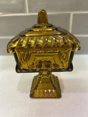 Vintage Jeanette Amber Glass Square Pedestal 6” Candy Dish with Lid