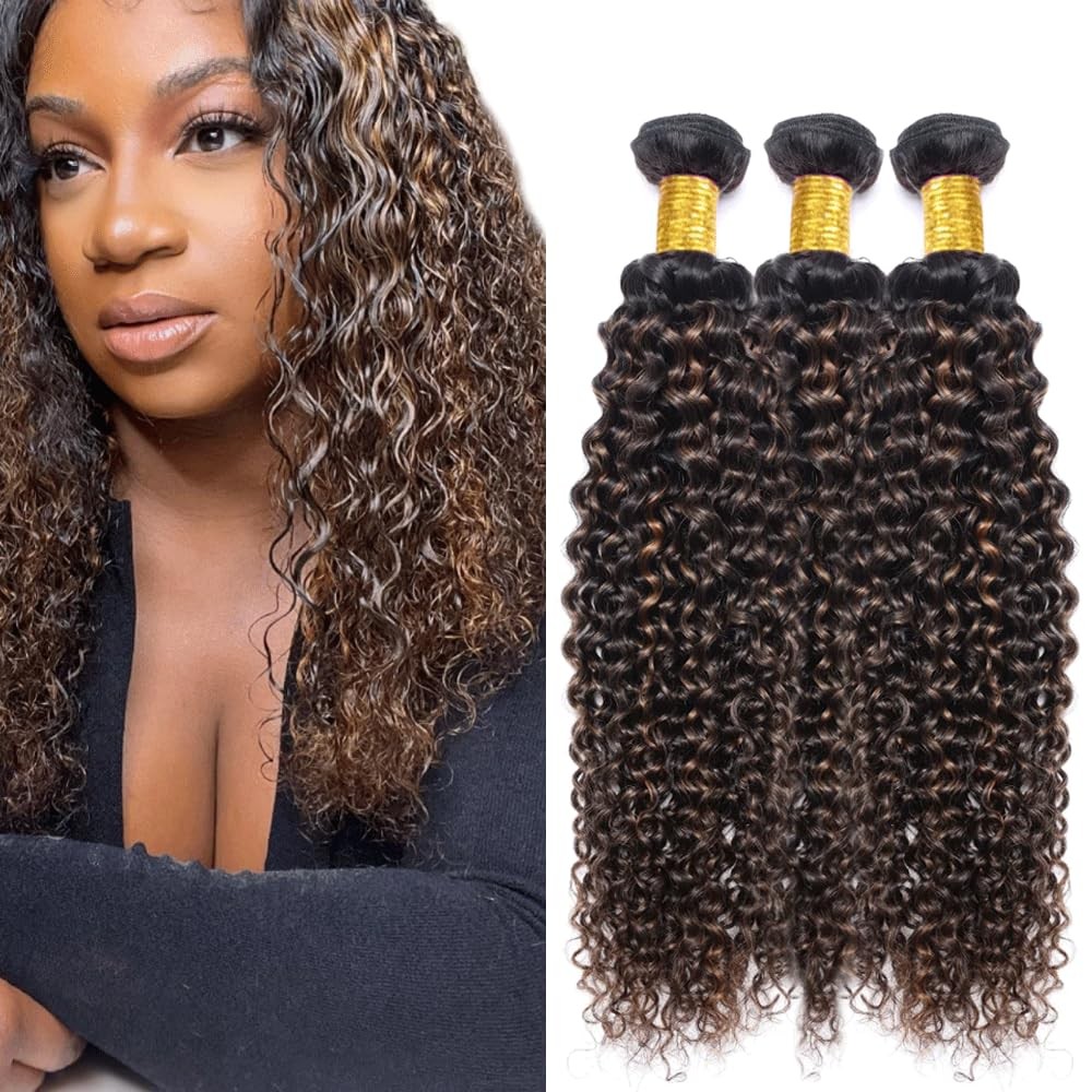 Ombre Bundles P1B30 Kinky Curly Human Hair Bundle 1B30 Highlight Brown Curly ...