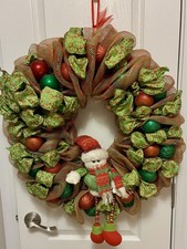 Christmas Snowman DecoMesh Door Wreath Red Green Handmade As Is