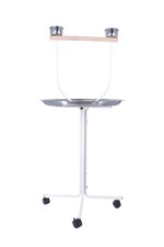 Trespolo Pappagalli Bianco con Ciotole, Vassoio di 60 cm e Ruote - Alto 129 cm