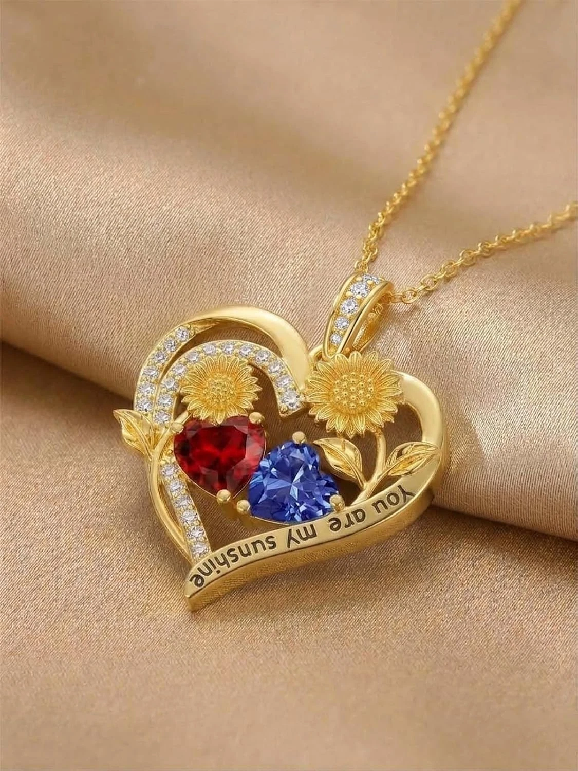 Double Birthstone Necklace 14K Gold Plated You Are My Sunshine Sunflower Necklac - product detail image 2