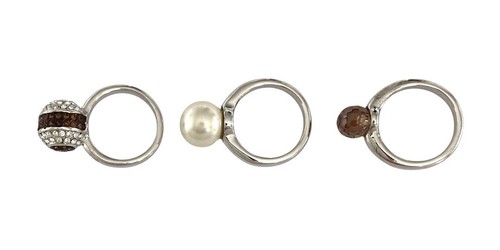 HENRI BENDEL Silver SET of 3 CRYSTAL-FAUX PEARL-FACETED GLASS Rings~Size 5 - Picture 5 of 6
