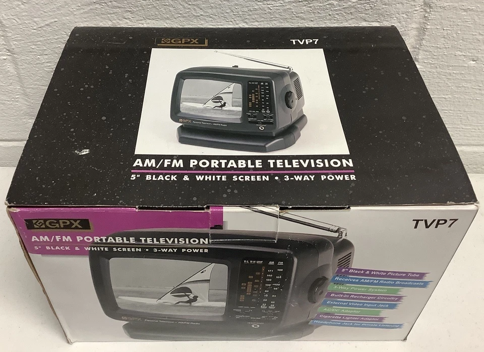 GPX 5" Portable B&W TV/AM-FM Model TVP7  in factory box Collectable Rare - Image 2 of 4