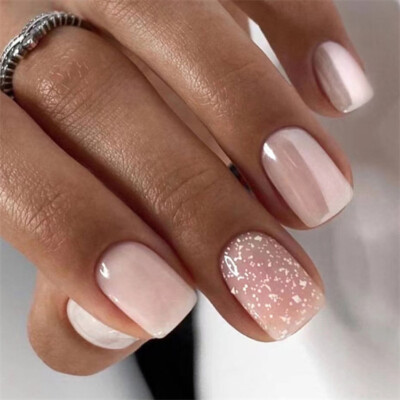 Soft Pink Glitter False Nail Short Square Press on Nails for Nails Art 24PC Gift