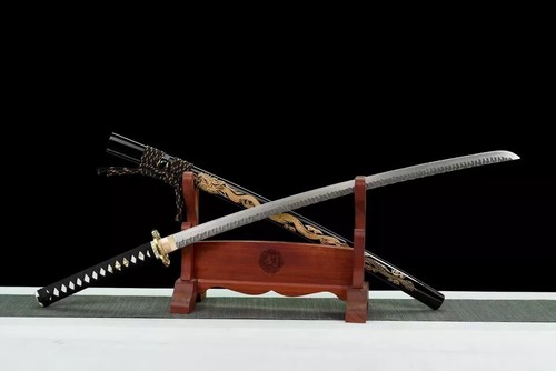 GOLD DRAGON DAMASK FOLDED 1095 STEEL KATANA BATTLE READY JAPANESE SAMURAI SWORD - Picture 2 of 10