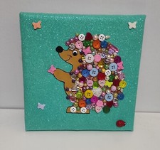 Quadretto realizzato a mano con bottoni perline riccio  20 x 20 cm tela 