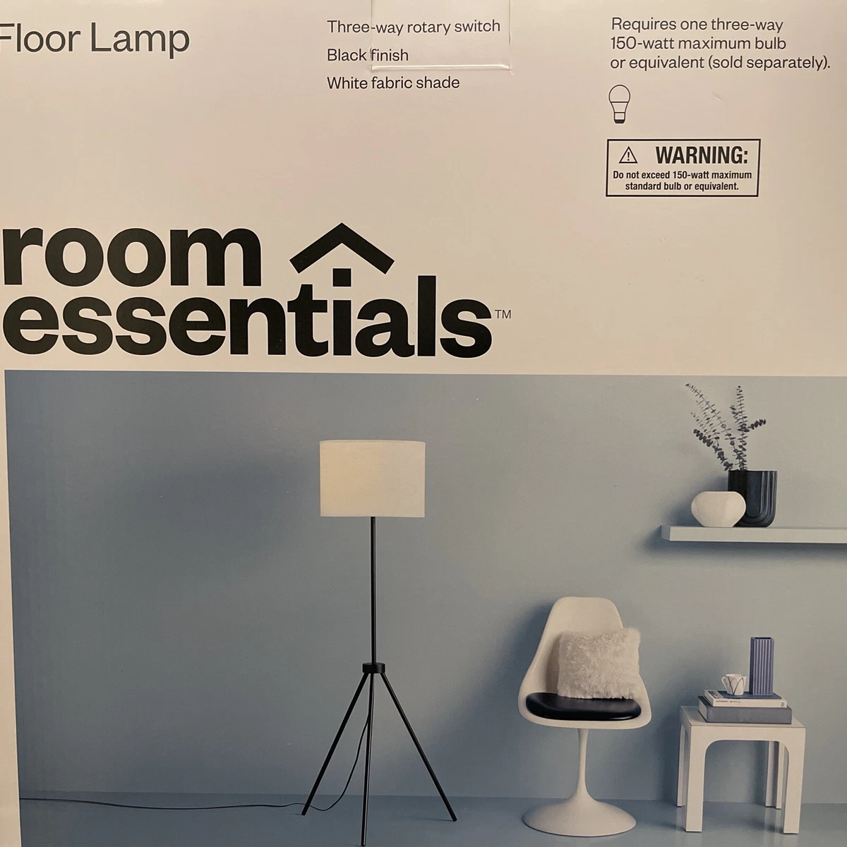 Room Essentials Tripod Floor Lamp Black Finish w 3 Way Rotary