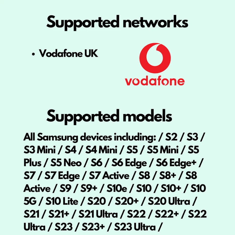 Código de desbloqueo para Reino Unido Vodafone Samsung Galaxy Note 4 5 8 S4 S5 S6 S7 S8 S9 S10 S20 Foto 2 de 4
