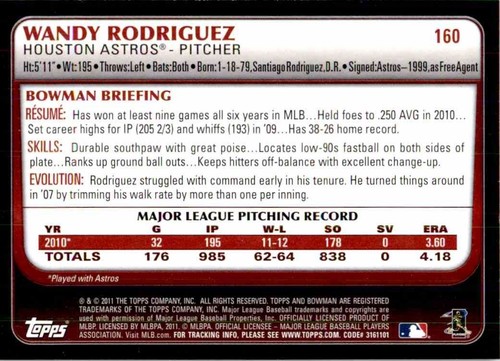 2011 Bowman Wandy Rodriguez Houston Astros #160 - Picture 2 of 2