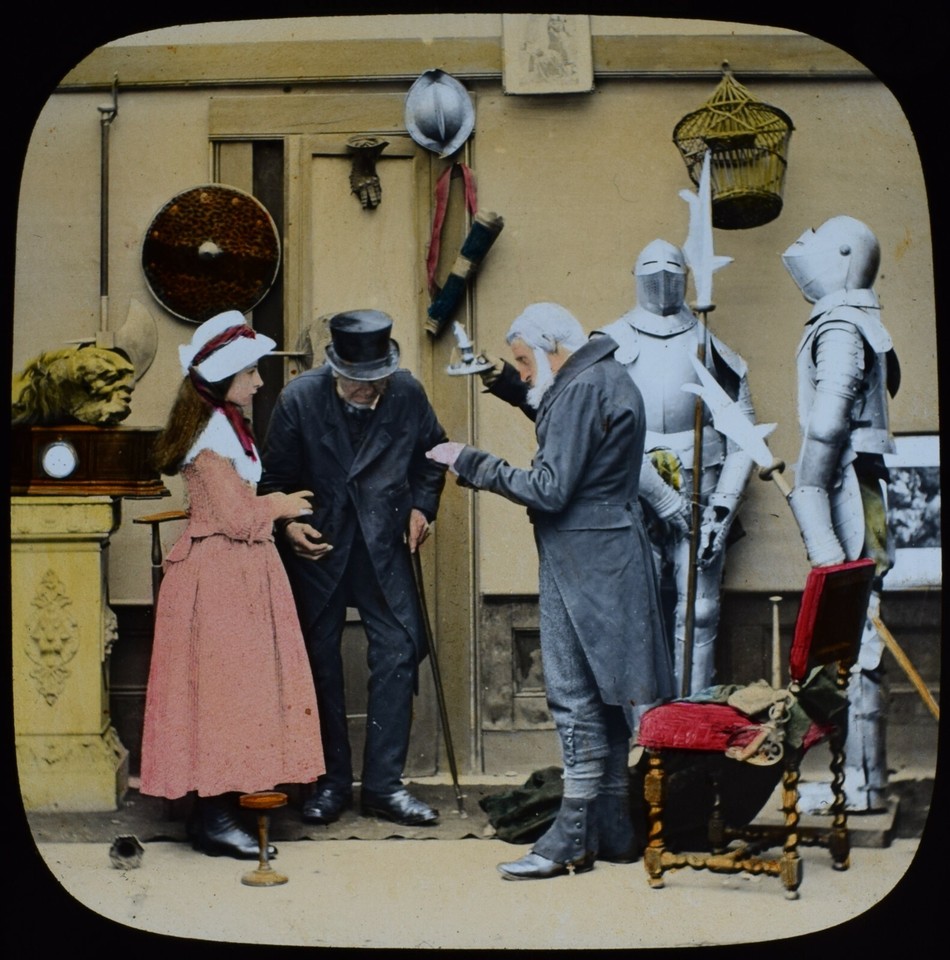 A genuine c.1884 photographic magic lantern slide from a Dickens adaptation — pre-cinema storytelling technology you can actually hold in your hands.
