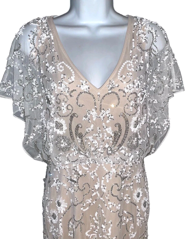 Vestido Aidan Mattox Sin Mangas Cuentas CAPACHOSO Cóctel Lentejuelas Cuentas Capas Talla 4 Foto 3 de 4