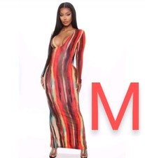 🆕Unique Multi Water Color Print Long Sleeve Deep V Neck Maxi Dress ~ Size M
