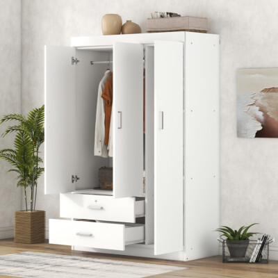 3 Doors Wooden Wardrobe Freestanding Armoire Closet 2 Drawers Cabinet Organizer