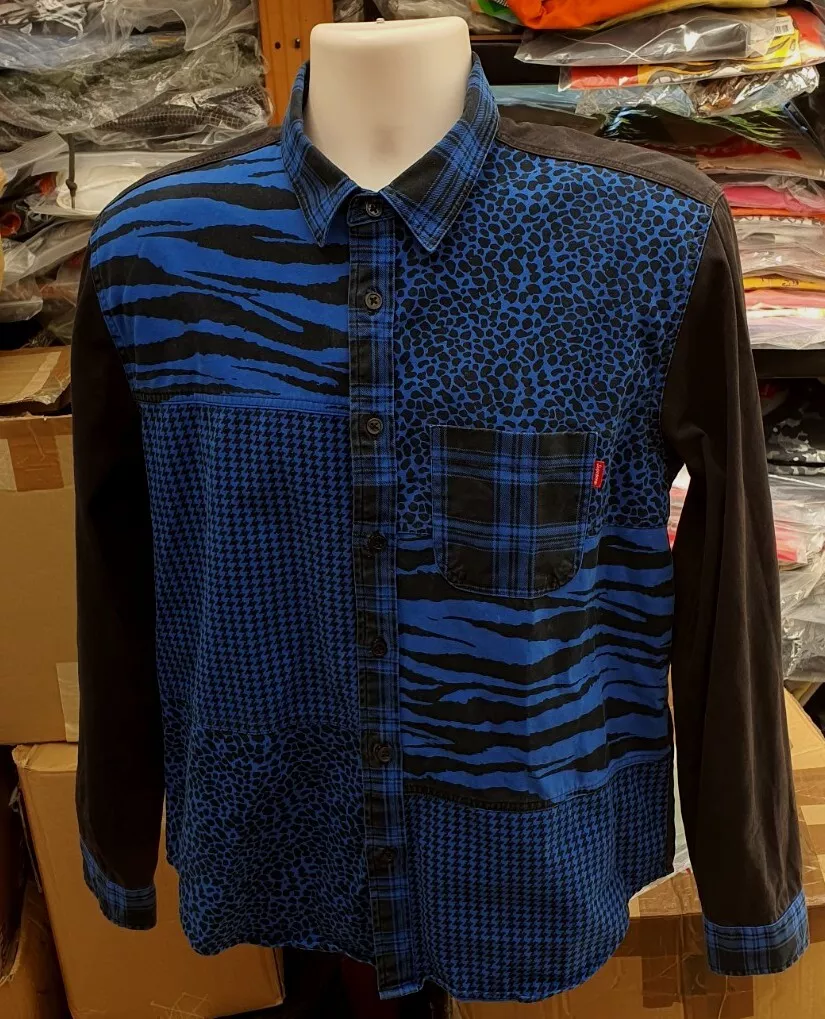 Chemise bleu sergé patchwork animal suprême FW16 taille M medium