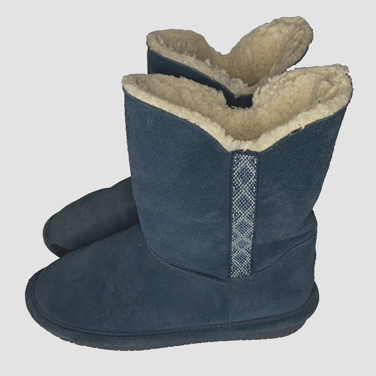 Bearpaw Paula Boots W sz Blue Suede Leather w Beaded Trim Low Calf  Shearling