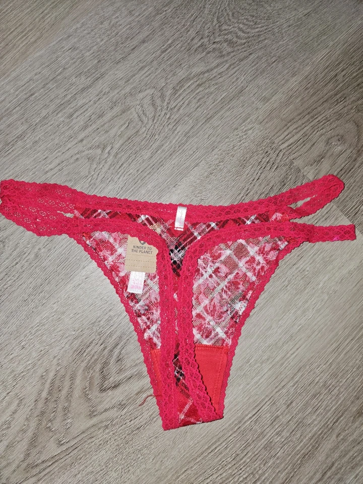 PINK By Victoria Secret Red Plaid Lace Thong Size Medium Double Side Strap - Image 4 of 4