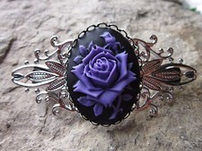 PURPLE ROSE ON BLACK CAMEO SILVER FILIGREE BARRETTE - BRIDAL- WEDDING - MOURNING