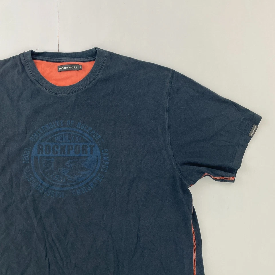 ROCKPORT T-shirt blu medio uomo manica corta 100% cotone logo grande - Immagine 3 di 4