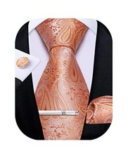 Paisley Tie and Pocket Square Men's Woven Necktie Silk Handkerchief 03 Coral