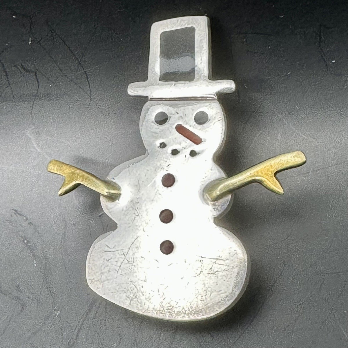 Snowman Brooch Enamel  & Brass Details Pin Signed AHD Mexico Sterling Silver