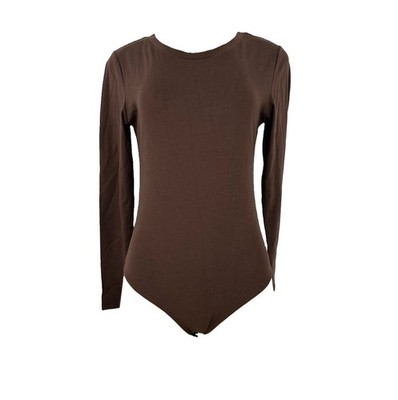 NEW Mango Pop Small Long Sleeve Body Suit Women  Brown Crew Neck Stretch S19v