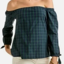 Talbots Size Medium Petite Tartan Plaid Off The Shoulder Tie Sleeve Blouse