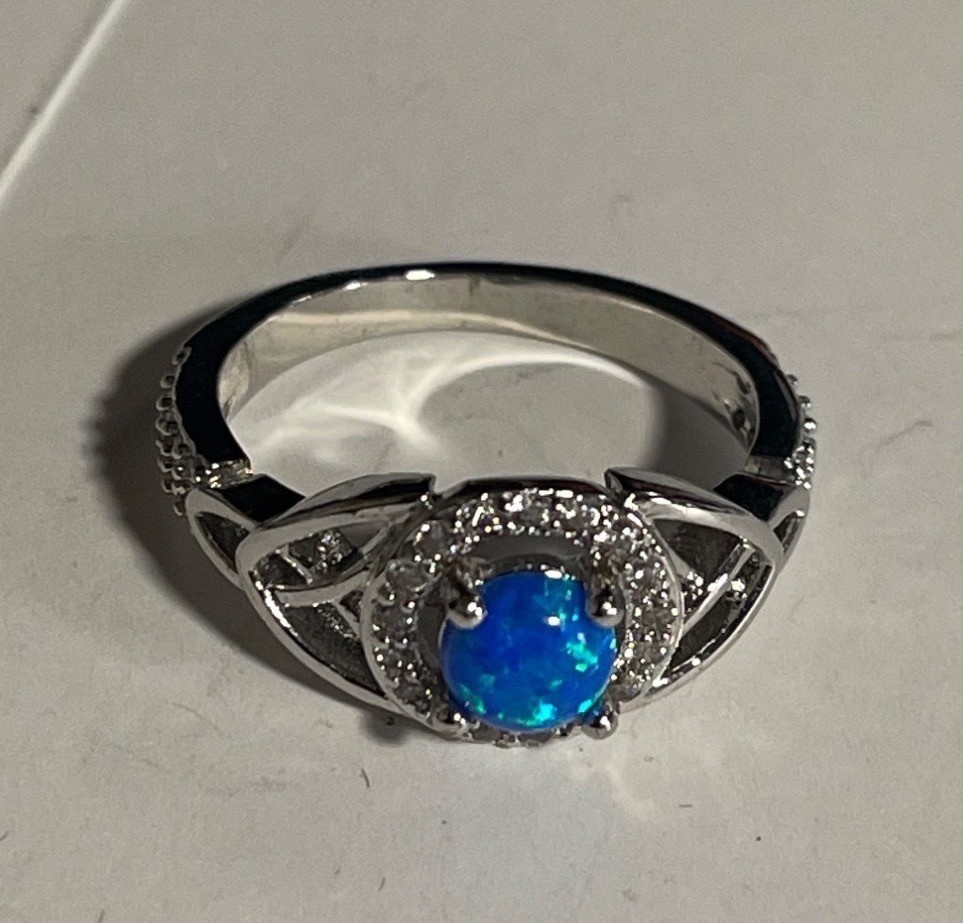 Blue Simulated Opal Silver Tone Ring Costume Jewe… - image 1