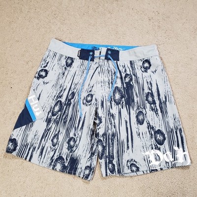 Da Hui Board Shorts Men 40 Gray Blue Geometric 10'' Cargo Pocket Beach Swim Trunk