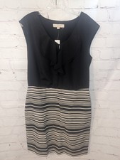 Ann Taylor Loft Women's Black Off White Striped Ruffle Sheath Dress Size 10