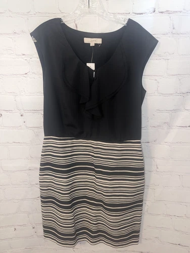 OFF WHITE Abito tubino donna Ann Taylor Loft nero bianco sporco a righe con volant taglia 10