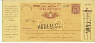 CARTOLINA VAGLIA 9 LIRE ANNULATO