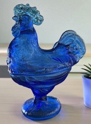 Embossed Cobalt Blue Glass Rooster On Nest Candy Dish Cottage Granny Core