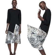Zara black French Terry Knit Woven Animal Print Combined Asymmetric Midi Dress