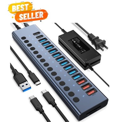 17-Port Powered USB Hub 10Gbps - Fast Charge & Data Transfer with Card Reader