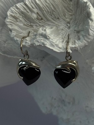 925 Sterling Silber Onyx Herz Delphin Ohrringe Länge 0,90 Zoll
