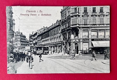 AK CHEMNITZ 1915 belebte Ansicht Poststrasse mit Strassenbahnen  ( 174875
