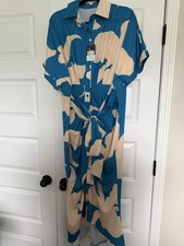 Women’s M Blue/Beige Floral Collared Shirt Dress Long Short Sleeve Tie