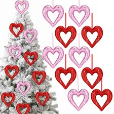 10 Pcs 4.9 Inch Valentine Heart Tree Ornaments Large Red and Pink Glittery He...