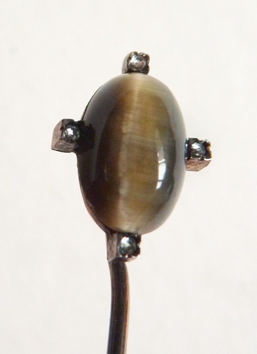 Épingle De Cravate En Argent Massif Avec œil De Tigre Et Diamant - Occasion - Bijou Vintage