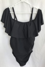 PINK BLUSH Black Ruffle Shoulder One piece Swimsuit Ruched Sides Size L