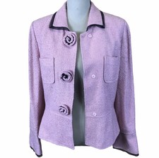 Muse Pink Snap Flower Buttons Pockets Black Tulle Trim Collar Jacket Womens 10