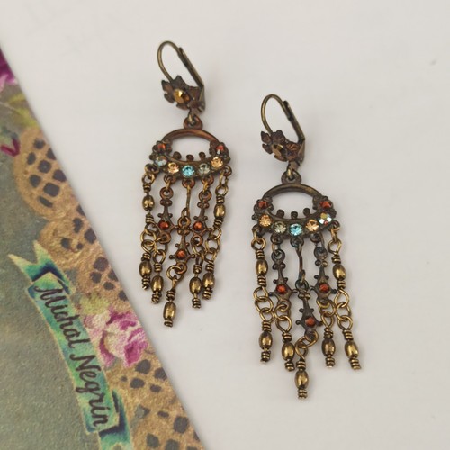 Michal Negrin Earrings Waterfall Chandelier Ethnic Crystals Brown Blue Romantic - Picture 4 of 14