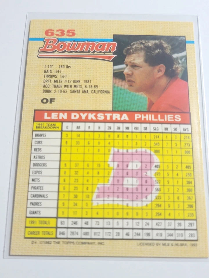 LEN DYKSTRA 1992 Bowman #635. PHILLIES - Image 2 of 2