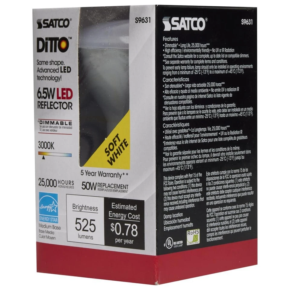 SATCO S9631 - 6.5 Watt R20 LED Bulb 3000K - 107 deg. Beam Angle (6 Pack) - Image 4 of 4