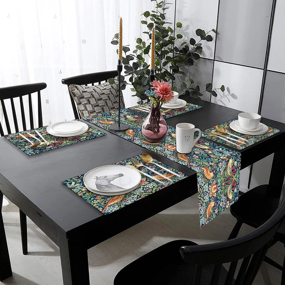 Juego de 6 manteles y manteles individuales de algodón y lino, William Morris Strawberry Thief Foto 3 de 4