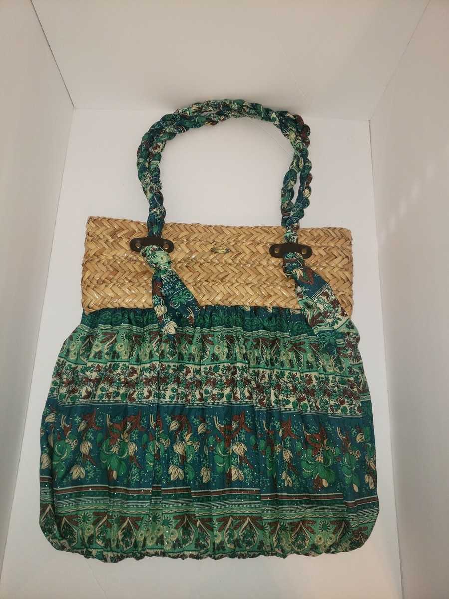 Cappelli Straworld Straw Fabric Green Brown Tan Floral Canvas Purse Bag  Handbag