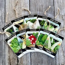 10 Laminated 1920s VEGETABLE SEED PACKS Ornaments Card Seed Co Tags LOT Radish